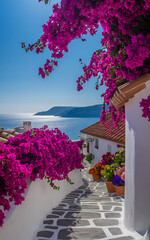 Fototapeta premium A pathway lined with bougainvillea, flowers, and white buildings.