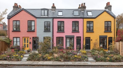 Row of vibrantly painted houses showcasing urban neighborhood charm with vibrant facades creating a colorful streetscape architecture