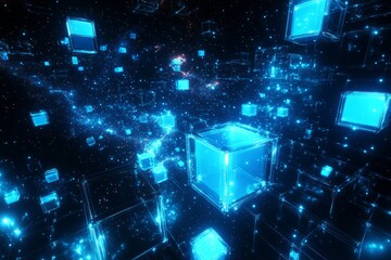 Futuristic digital tunnel filled with glowing blue data cubes, symbolizing high-speed information flow, blockchain technology, and the digital universe
