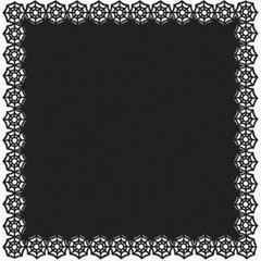 Black background with an ornate white lace border featuring intricate geometric floral patterns. Elegant decorative frame ideal for invitations, greeting cards, announcements, vintage design projects.