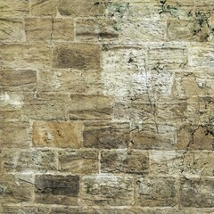 Weathered stone wall texture with aged bricks, cracks, moss, and natural discoloration. Rustic architectural background ideal for medieval themes, 3D modeling, overlays, and creative design projects.