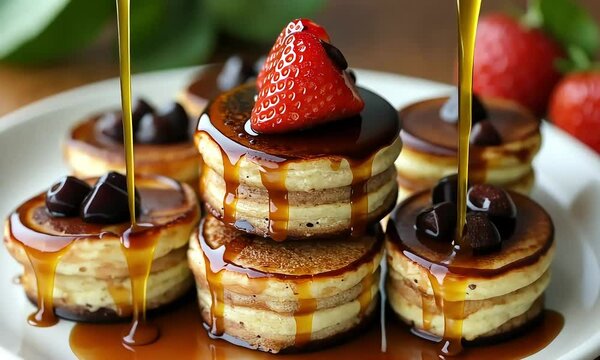 Mini stacked pancakes with syrup and berries