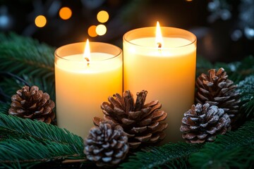 Cozy Christmas scene with glowing candles, frosted pinecones, and evergreen branches, evoking warmth, tradition, and festive holiday spirit