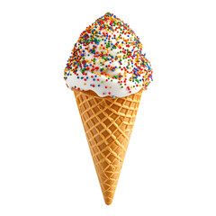A delicious ice cream cone topped with colorful sprinkles and creamy whipped cream.