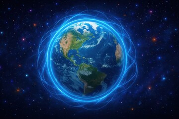 Obraz premium Exploring Earth surrounded by glowing particles in a vast cosmic universe filled with stars and mystery Generative AI