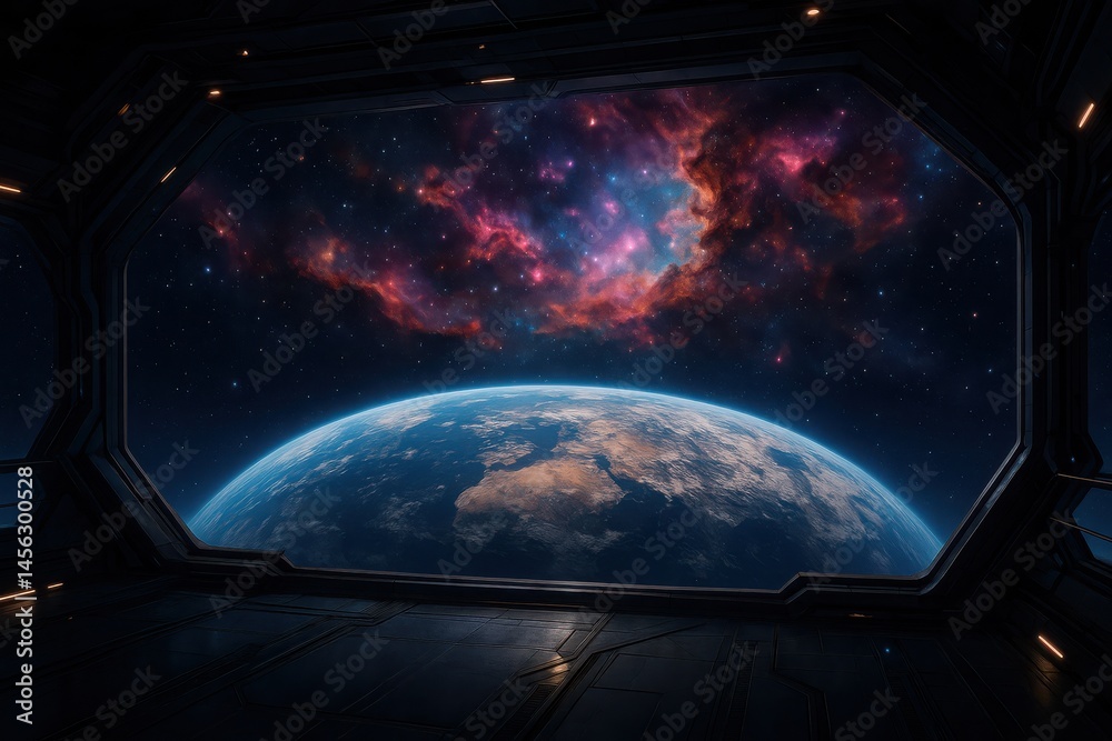 Wall mural majestic view of earth from a futuristic spacecraft window under a vibrant cosmic sky filled with co