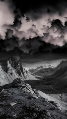 Obraz premium Dramatic mountain range, stormy sky, grayscale landscape.