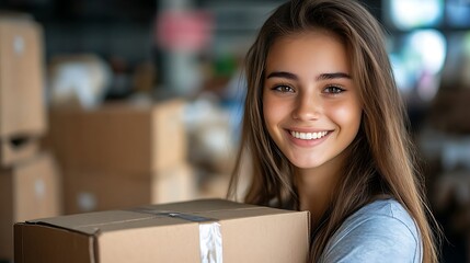 Young woman holding a cardboard box, smiling confidently