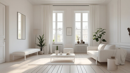 View of stylish white apartment design in lagom style in sweden,