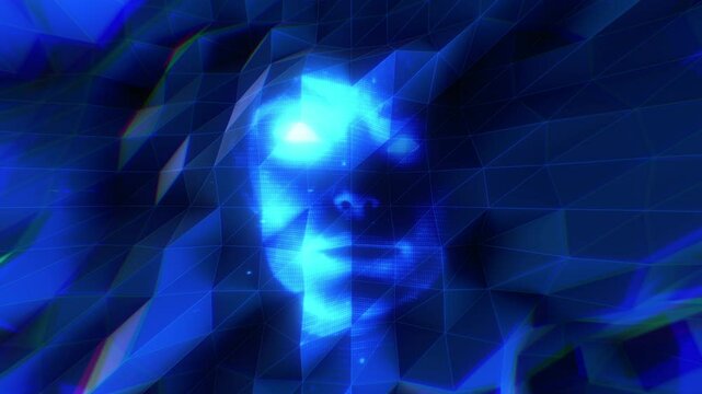 An undulating and pulsating looping background in a 3D polygon style featuring a strange AI face.