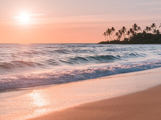 Obraz premium Sunrise over a tranquil beach. Waves on the shore. Peaceful scene.