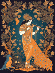 Fototapeta premium Divine Krishna playing flute in ornate illustration style with peacock motif. Perfect for spiritual branding, cultural celebrations, festival promotions, and wellness marketing materials.