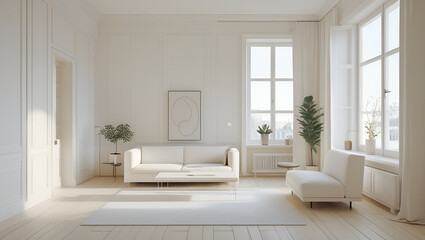 View of stylish white apartment design in lagom style in sweden,