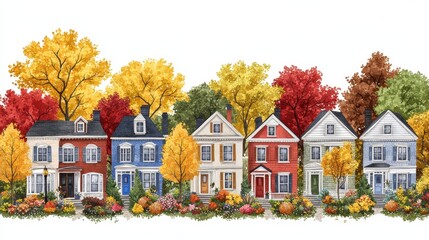 Autumnal charm illustrated row houses with vibrant foliage capturing neighborhood spirit and quaint home designs seasonal color palette