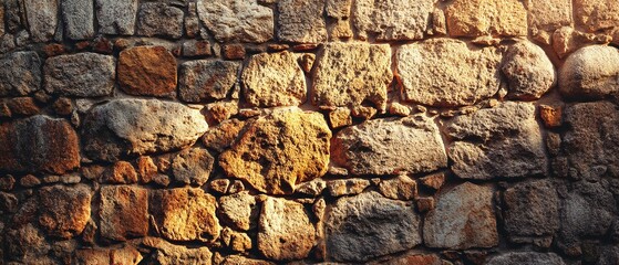 Fototapeta premium Stone wall texture with sunlight creating shadows and highlights on the surface.
