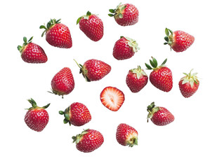 A bunch of strawberries scattered randomly,Transparent background, PNG file. The berries are vibrant and inviting, their color popping against the white