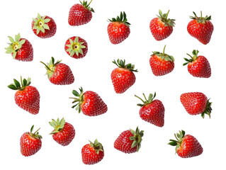A bunch of strawberries scattered randomly,Transparent background, PNG file. The berries are vibrant and inviting, their color popping against the white