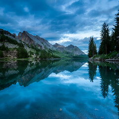 Fototapeta premium Mountain lake reflects a cloudy sky. Peaceful serene scene.