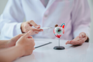An Asian ophthalmologist is examining a patient's eye abnormality to correct it so that he can see...