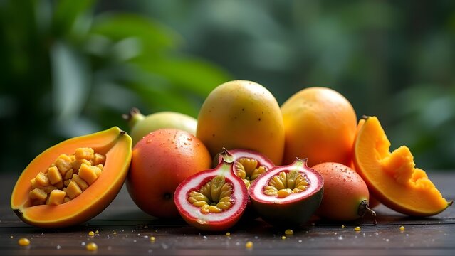 Tropical Fruit Still Life with Papaya and Passion Fruit on a Wooden Table