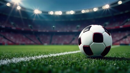Soccer Football ball in the big stadium. Blurred background. A lot of space for the text at the left. 