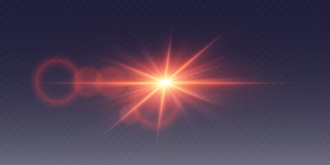 Red magic star flare sparkle light and lens.