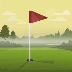 Golf Course Hole with Flag on Green Field Under Cloudy Sky