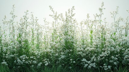 Fototapeta premium Meadow of small white flowers with green grass against a soft white sky