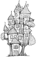 Fototapeta premium Homes Stacked Upon Each Other, coloring book design, vector illustration