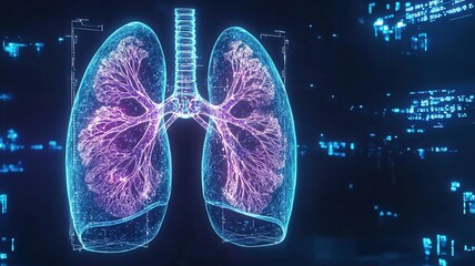 Holographic visualization of human lungs highlighting bronchi and alveoli, providing detailed view of respiratory system