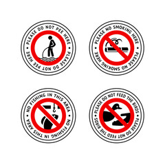 Prohibited label No smoking, Do not pee here, No ice fishing, Do not feed birds, forbidding sticker set