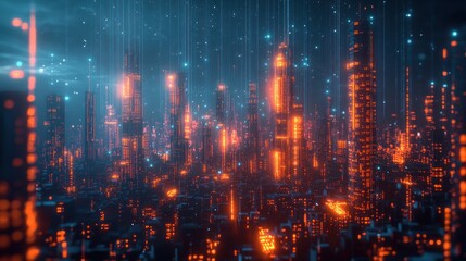 Naklejka premium Futuristic Cityscape at Night with Neon Lights and High-rise Buildings in a Digital Landscape