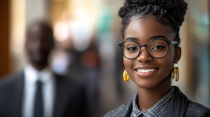 Fototapeta premium Smiling young woman in glasses and blazer
