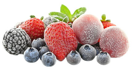 A collection of frozen fruits, including blueberries and strawberries, covered in a light frost, displayed against a white background