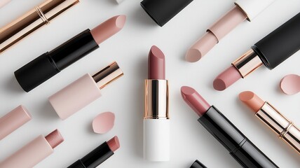 Obraz premium Pink lipstick, mascara and nail polish lying on a white background creating a stylish makeup still life