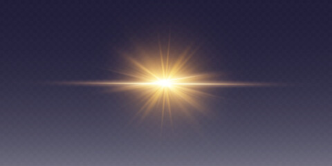 Obraz premium Golden neon flash of star and light. On a transparent background.