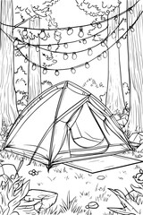 Light Strung Around Forest Tent, coloring book design, vector illustration