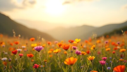 Fototapeta premium Scenic Flower Field at Sunset with Mountains