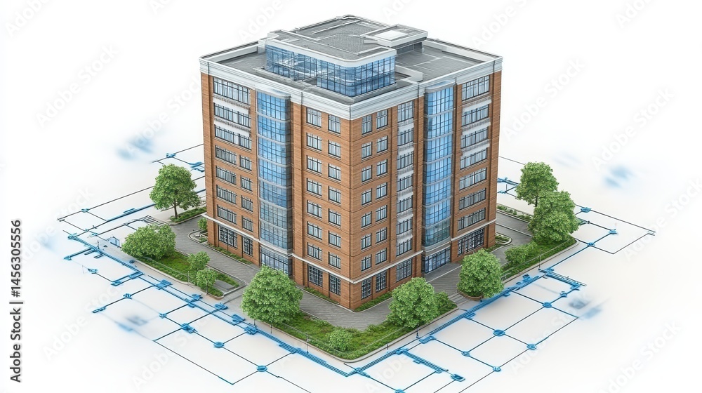 Poster modern building architecture 3d isometric digital rendering concept with futuristic network integrat
