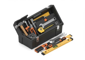 Toolbox with Hammer, Wrench, Screwdriver, Level on White Background