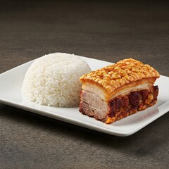 Steamed rice topped with crispy pork