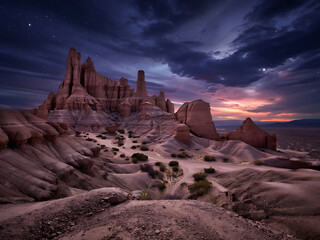 Vast, sculpted land at night. Stars, clouds, and rock formations.