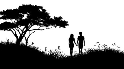 Pair Walking Into Wooded Area, vector illustration