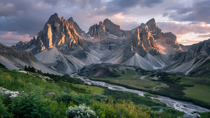 Obraz premium Majestic mountains, valley, and river.