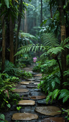 Rain-soaked path through lush green jungle.