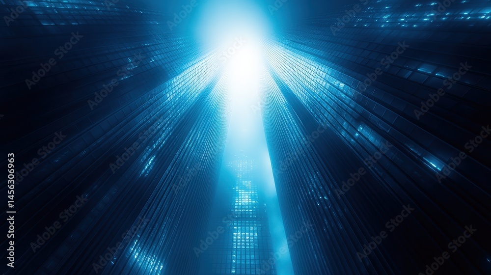 Poster mystical blue light beams emanating from a central point creating an ethereal and futuristic atmosph