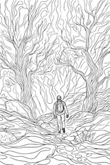 Person Navigating Between Rock Formations, coloring book design, vector illustration