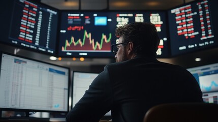 Focused trader analyzing stock market data on multiple screens intense concentration low light dark