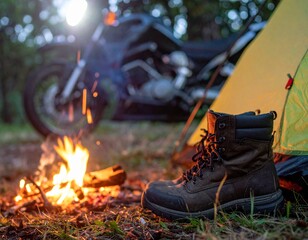 campfire with motorcycle in background at campsite