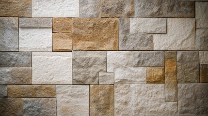 Fototapeta premium Stone wall texture with varying sizes and colors of rectangular blocks.